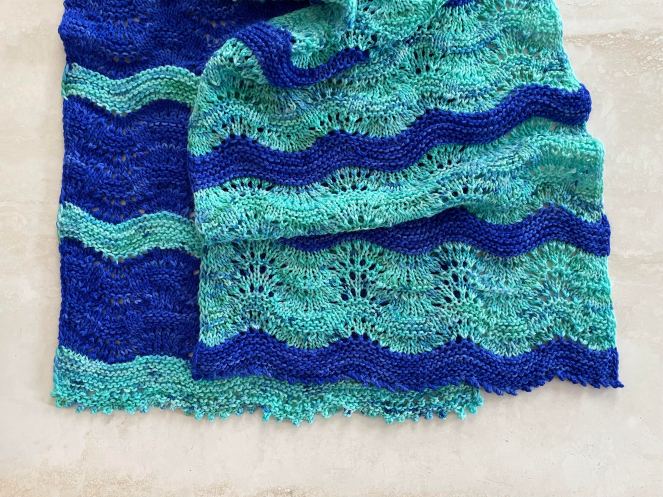 blue and teal handknit lace scarf