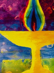 graphic of bright yellow chalice with rainbow colored flame set against a blue background