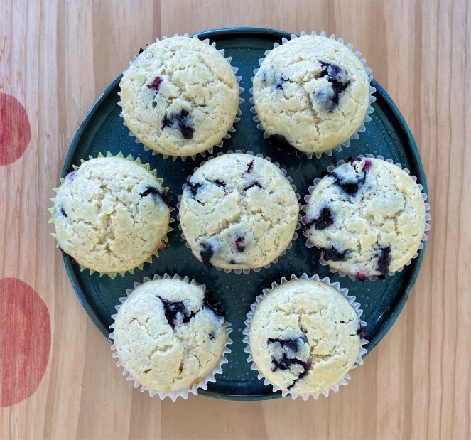 seven blueberry muffins on a blue plate resting on a wood table