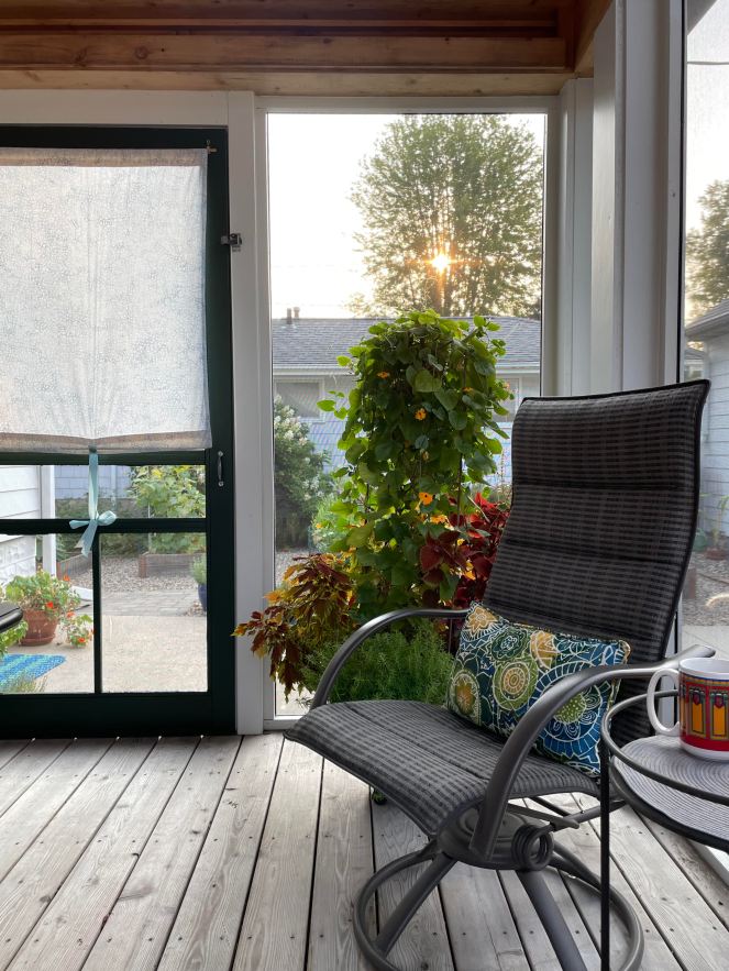 corner of summer screened porch with a deck chair and a large plant