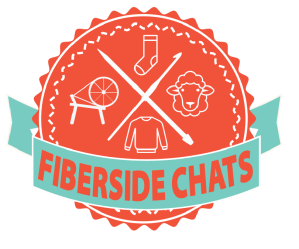 light aqua and orange graphic with a sock, sheep, sweater, spinning wheel, and crossed knitting needle and crochet hook