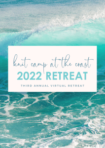 ocean background with knit camp at the coast 2022 retreat text overlay