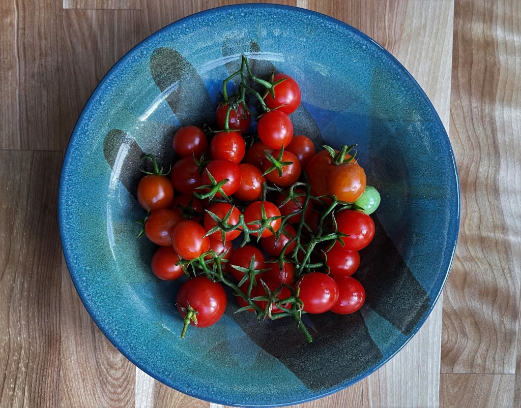 blue bowl sitting on wood floor holding small red tomatoes and green stems