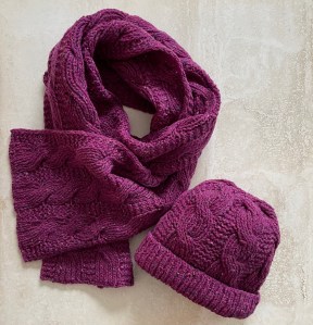 hand knit cable scarf and beanie in magenta tweed yarn