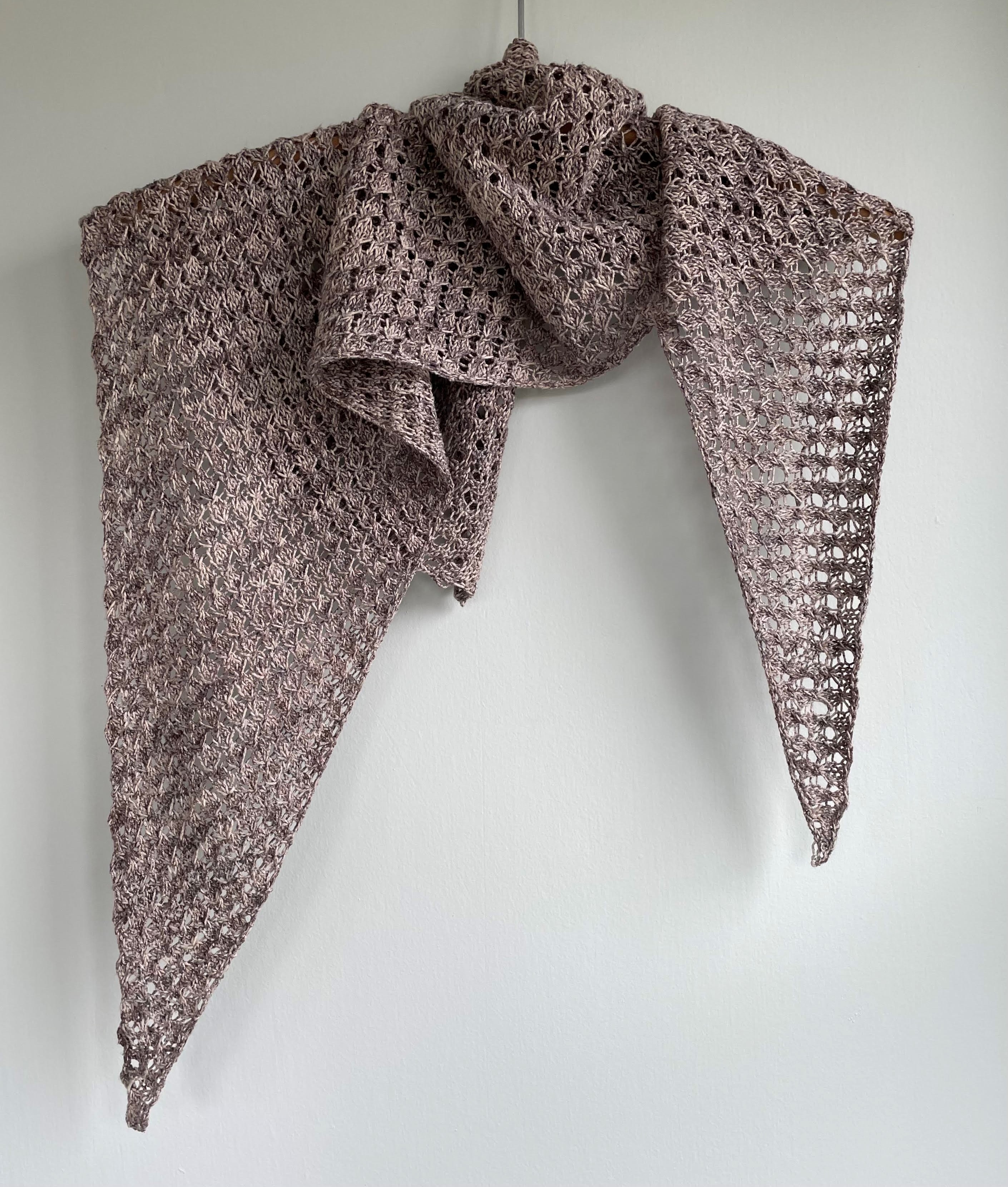 gray and lavender triangular handknit shawl