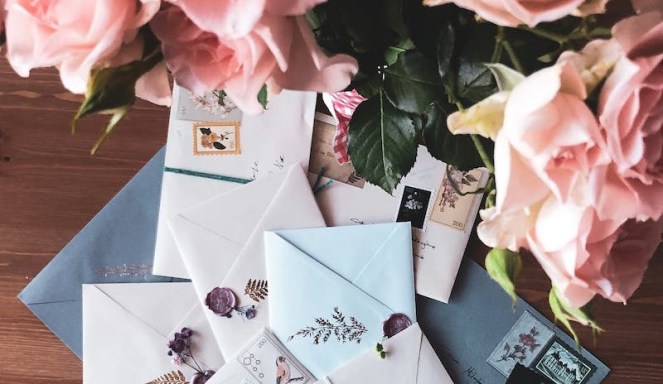 white and blue stamped and sealed envelopes framed by pick roses