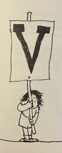 cartoon image holding a sign with a large V