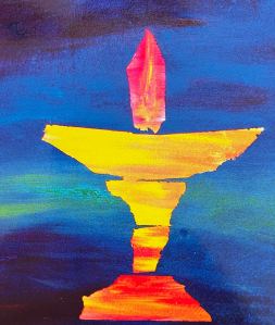 painting of bright yellow chalice with red flame on dark blue background