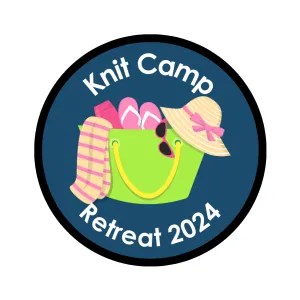 knit camp retreat logo on badge with black edged blue circle featuring a beach bag with pink stipped towel, flip flops, sunglasses and straw hat