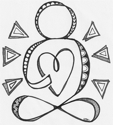 graphic doodle image of a seated individual centered on a large heart shape