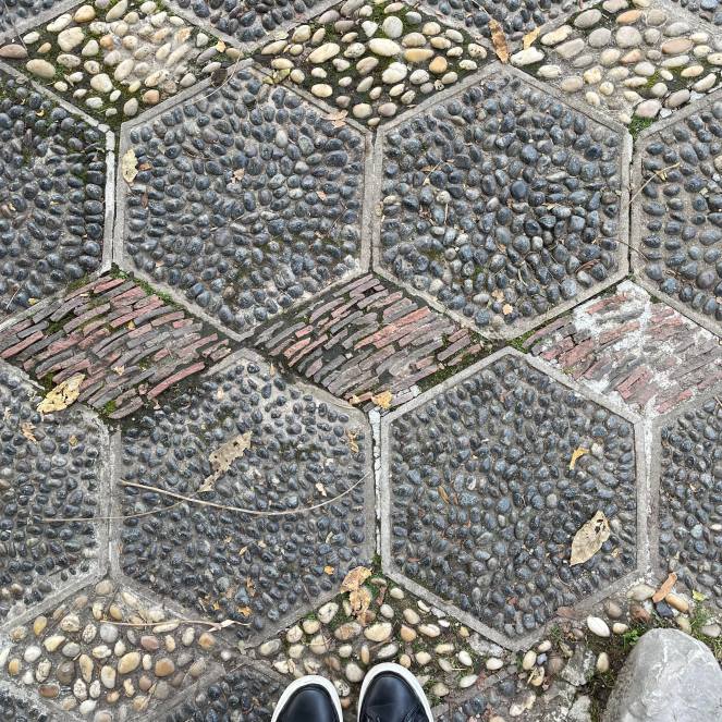 square photo of cobblestones set in geometric shapes with the toes of black shoes poking into the frame at the very bottom