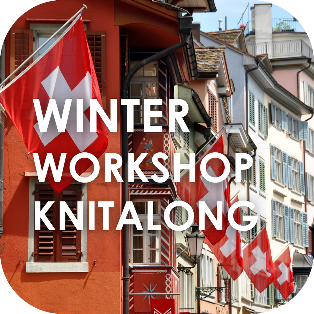 logo for the Knit Camp winter sweater knitting workshop with curved Swiss buildings in the background, each with a red and white Swiss flag