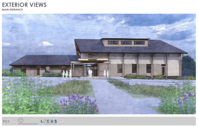 computer generated drawing of building with purple flowers in the foreground, dark roof and biege-brown walls