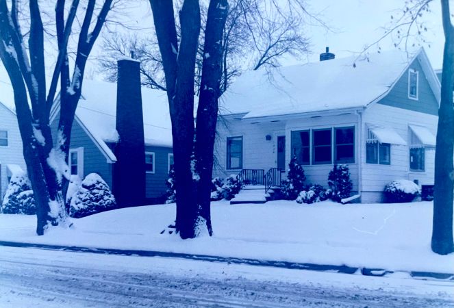 white and green house with large trees all covered in new snow