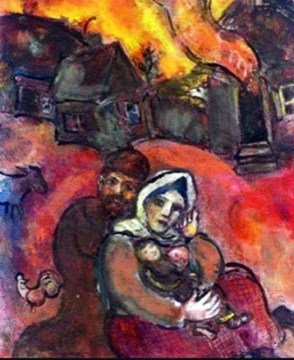 artwork by Marc Chagall with mother clutches her child while her husband attempts to shield his family from flames