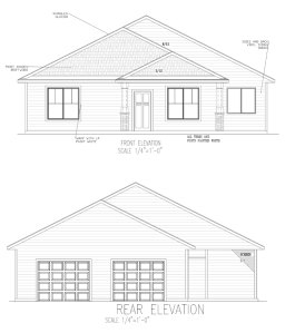 line drawing showing front and rear elevation of single story house