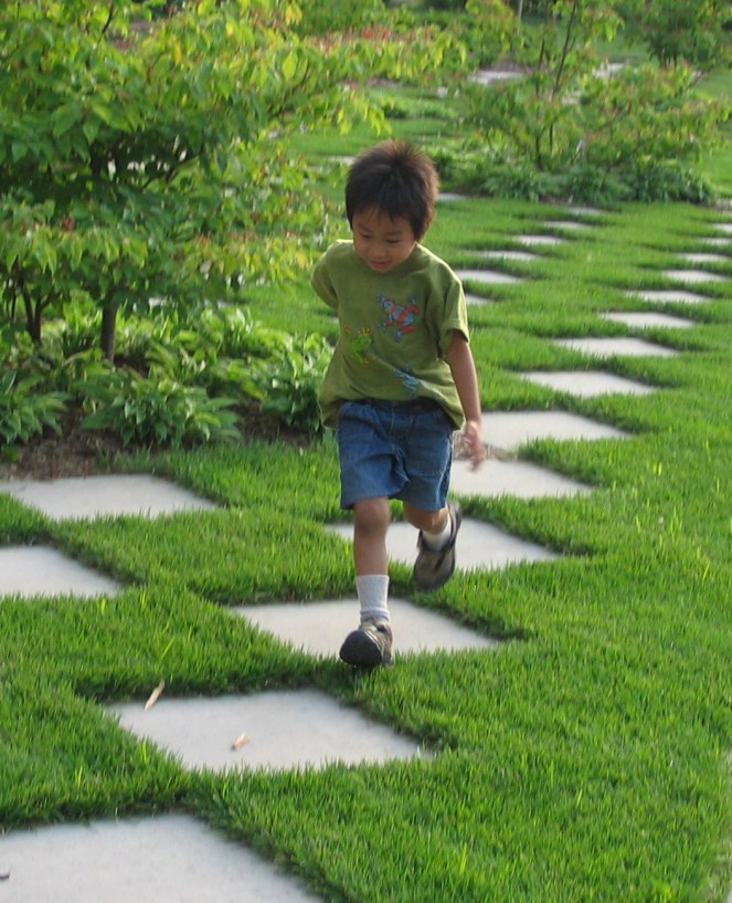small boy with green shirt and blue jean shorts walking on diamond shaped stepping stones in a garden