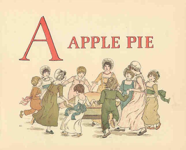 1886 illustration of A Apple with children dancing around an apple pie