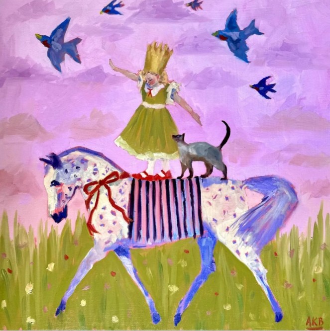white horse with dots and stripes ridden by a princess and a cat with bluebirds in a pink sky