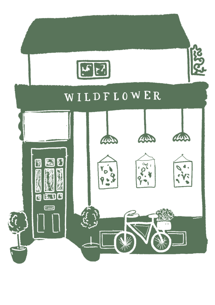 drawn image of wildflower shop with bicycle propped out front and logo for the Sunday Letter Writing Project